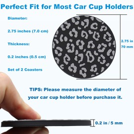 2Pcs Black Gray Leopard Print Car Cup Holder Coasters, Durable Non-Slip Silicone Auto Insert Pads for Car Truck SUV Universal Fit 2.75-Inch