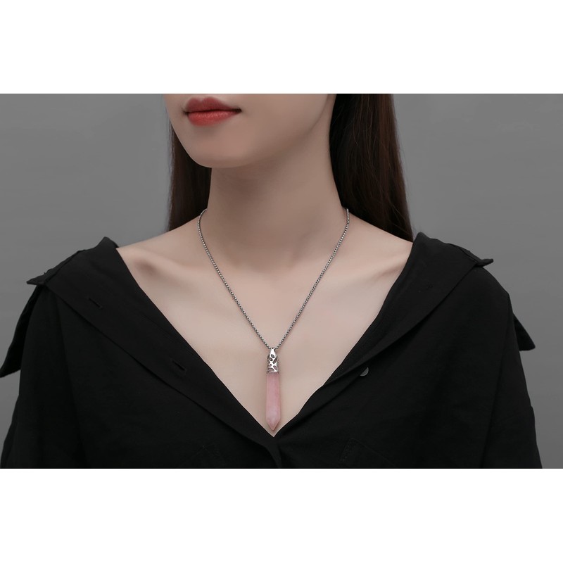 QINJIEJIE Collar de cuarzo rosa con piedras hexagonales reales y