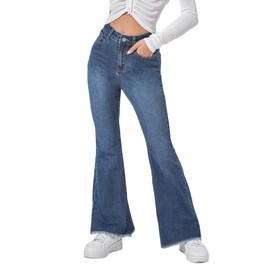 WDIRARA Women's Petite High Waisted Raw Hem Flared Jeans Stretchy Bell Bottom Denim Pants Dark Wash Petite-M