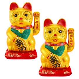 Suzile 2 Pcs 9'' Maneki Neko Lucky Cat Waving Arm Chinese Fortune Cat Feng Shui Statue for Lunar New Year Home Office Restaurant Shop Gifts Decor, Battery Operated (Battery Not Included)