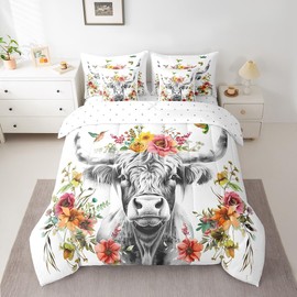Erosebridal Highland Cow Floral Comforter Set 7 Piece King Size Bull Cattle Flower Bed in a Bag Wildlife Farmhouse Cow Quilt Set Hummingbird Sheet Set Soft Reversible All Season White Bedding Set