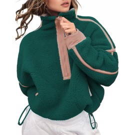 Kumufenc Womens Half Zip Pullover Sweatshirts Fashion Sherpa Fleece Jackets Long Sleeve Workout Hoodies(Pink-green,XLarge)