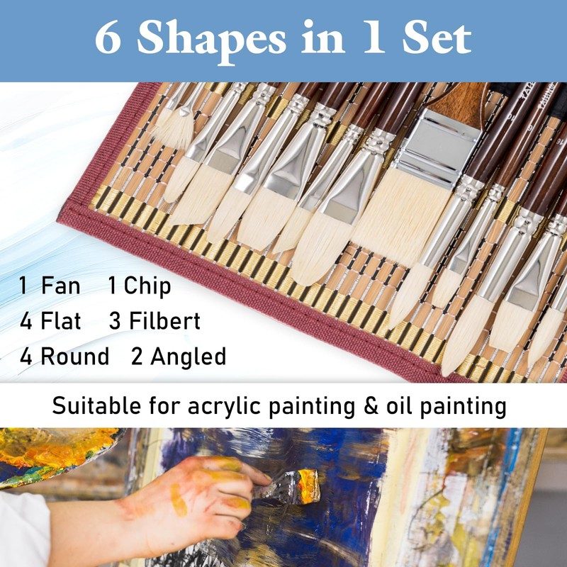 Falling in Art Natural Bristle Professional Paintbrush Set, 15PCS Long