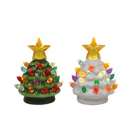 MOMENTS IN TIME 2pc 3.5”H LED Ceramic Mini Christmas Tree, LED Light up, Battery Operated Cell Battery Included.