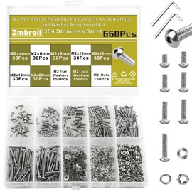 Zmbroll 660Pcs M2 Button Head Hex Socket Screws 304 Stainless Steel Machine Screw Metric M2x4/6/8/10/12/16/20mm Fully Thread Small Screws Fasteners Bolts Nuts Washers Screw Kit