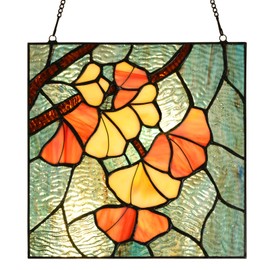 HomeBeauty PA0005 Stained Glass Ginkgo Leaf Hanging Panel-10 Wx10 H Window Suncatcher Window Décor Tiffany Style Wall Décor Hanging Art