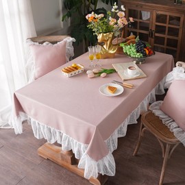 ARTMAGIC White Cotton Linen Tablecloth Embroidery Leaf Pattern Lace French Country Rectangle Table Cloth Washable Tablecloths Farmhouse Decor for Home Holiday Party Dining Table (Dusty Pink, 52"x70")