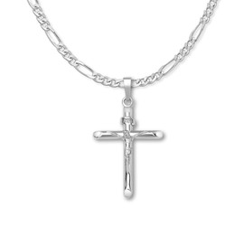 Silver Shoppe Jewelry Solid Sterling Silver INRI Crucifix Cross Necklace with Italian Figaro Chain For Men and Women - 4mm - 30"