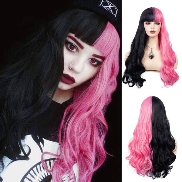 Beweig Half Pink Half Black Wavy Wigs Long Curly Wavy Split Synthetic Wig with Bangs Halloween Cosplay Wigs for Women