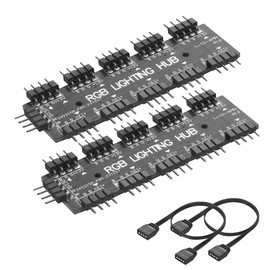 CERRXIAN 2PCS RGB HUB LED Splitter 1 to 10 Ports 10 Way 12V 4Pin RGB with RGB Extension Cord Support Velcro Suitable for Desktop Computers (12V 4PIN)