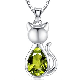 Odinstone Cat Birthstone Necklaces Jewelry Sterling Silver Cat Pendant Necklace Gift for Women Gifts, 18'' Silver Box Chain Women's Green Peridot Crystal Cat Jewelry Gifts
