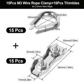 Nadisean 30Pcs Wire Rope Clamp M3, 15PCS 304 Stainless Steel Cable Clamps with 15PCS Wire Rope Thimble, 3mm Wire Clamp, Duplex Rope Clamp Fence Wire Connector for Clothesline Tensioner Awning Fixed