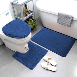 Luxury Home Goods 3 Piece Solid Super Soft Microfiber Bathroom Rug Set Includes Bath Rug, Contour Mat, and Toilet Lid Cover, Non-Slip Bath Rugs with Rubber Backing, Machine Washable (Navy Blue)