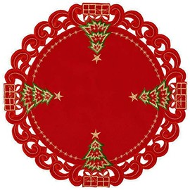 Grelucgo Embroidered Christmas Holiday Holly Tree Table Doily Place-mats (Round 16 (Set of 4))