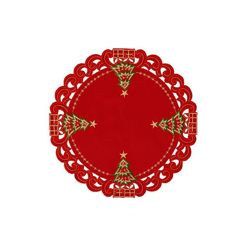 Grelucgo Embroidered Christmas Holiday Holly Tree Table Doily Place-mats (Round