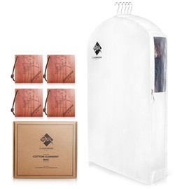 Premium 40” Short Cotton Garment Bag For Hanging Clothes And Storage | Wide 6” Gusset & 4 Cedar Blocks For Fresh Smell And Moth Protection | Best For Suits, Fur Coats, Leather Jackets, Sweaters.