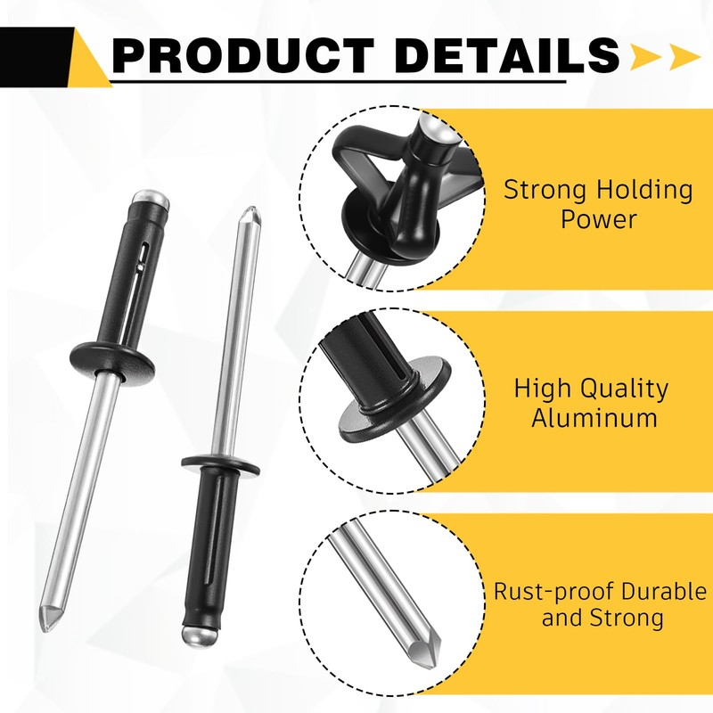 200 Pcs 3/16" x 3/4" Trifold Rivets Assortment Black Aluminum