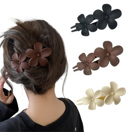 Alpha Depot Flower Shape Hair Clips, Set of 3, Korean Style, Large, Secure, Matt Flower Clips, Perfect for Commuting to Work or School Commutes (Black, Off-White, Brown)