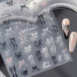 5D Embossed Bow Nail Stickers Black Pink White Bow Nail Art Stickers Self-Adhesive Bow Nail Decals Ribbon Nail Stickers with Rhinestone Design Spring Summer Nail Supplies for Women Girls DIY Manicure
