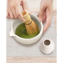 Joiish Matcha Bowl and Whisk Holder Set, Ceramic Tea Bowl and Whisk Stand, Matcha Tea Mixing Bowl with Spout (18 Ounce), Whisk Rest, Ivory White