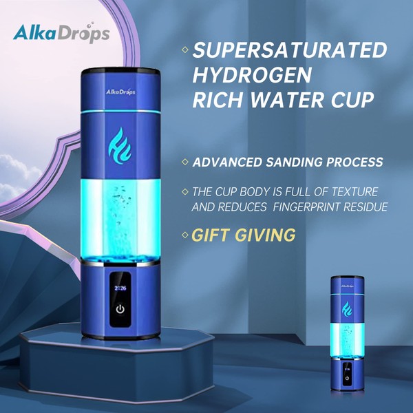 Alkadrops Hydrogen Rich Water Bottle Generator Max Concentration Molecular Up to 5000PPB Portable hydrogen water Maker Machine | PEM Membrane & SPE Technology Ionizer Type-C Recharge new (Blue)