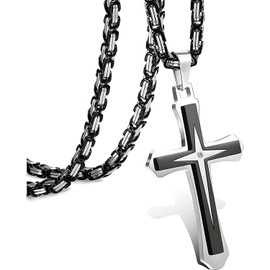 MILACOLATO Mens Cross Necklace Black Stainless Steel Byzantine Chain Crucifix Pendant Necklaces Croix Necklaces Jewellery, 22/24/30 Inches Chain Necklace 61cm