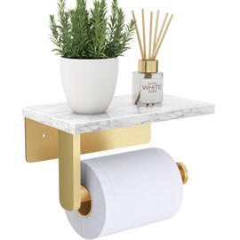 Brushed Gold Toilet Paper Holder with Natural Marble Shelf, 304 Stainless Steel Screw Wall Mounted, Tissue Roll Paper Holder Dispenser for Bathroom Washroom