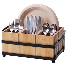Candco Silverware Holder, Wood Utensil Caddy Paper Plate Dispenser for Party, Cutlery Holder Flatware Organizer for Spoons Forks Plates Napkins