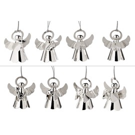 EDZARD Set of 8 Angels with Instruments, Christmas Tree Pendants, silver plated with golden wings, Height 5 cm