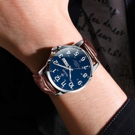 Taxau Waterproof Classic Blue Watch The Leather is Brown Mens Watches Large Dial Arabic Numerals Vintage Reloj De Hombre
