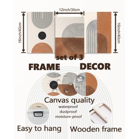 ASTRDECOR Boho Wall Art Set Of 3, Boho Wall Decor, Mid Century Modern Wall Art, Neutral Abstract Geometric Framed Canvas Artwork Prints for Wall Decor, Burnt Orange Minimalist Art Large 12" X 26" Ready To Hang for Bathroom Bedroom Living Room