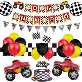 48 Piece Monster Truck Birthday Party Supplies Happy Birthday Banner Monster Truck Banner Truck Shape Balloons Multicolor Balloons Cupcake Topper Racing Car Truck-Themed Birthday Decorations