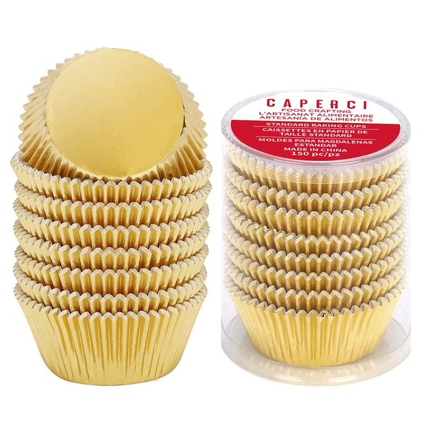 Caperci Standard Cupcake Liners Gold Foil Muffin Baking Cups 150-Pack - Premium Greaseproof & Sturdy Cupcake Papers