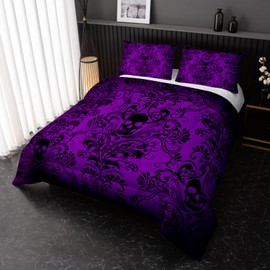 Nttopship Adults Violet Gothic Comforter Set King Size,Vintage Damask Floral Bedding Set 3Pcs,Bohemia Bedding Set Goth Skull Printed Quilted Set for Teens Adult with 1 Comforter and 2 Pillowcase
