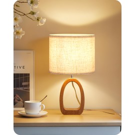 GOEBLESON Small Table Lamp, Wood Bedside Lamp with Linen Lampshade, Modern Nightstand Lamp, Cute Desk Lamp for Living Room, Bedroom, E26 Base, Bulb Not Included, Beige and Dark Natural LE07TL05