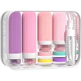 16 Pcs Kits de Cosmetiqueras Rellenables,Botellas de Viaje para Artículos de Tocador,Recipientes Herméticos de Silicona Aprobados por la TSA,Exprimibles,90 ml/60 ml para Acondicionador,Rosa