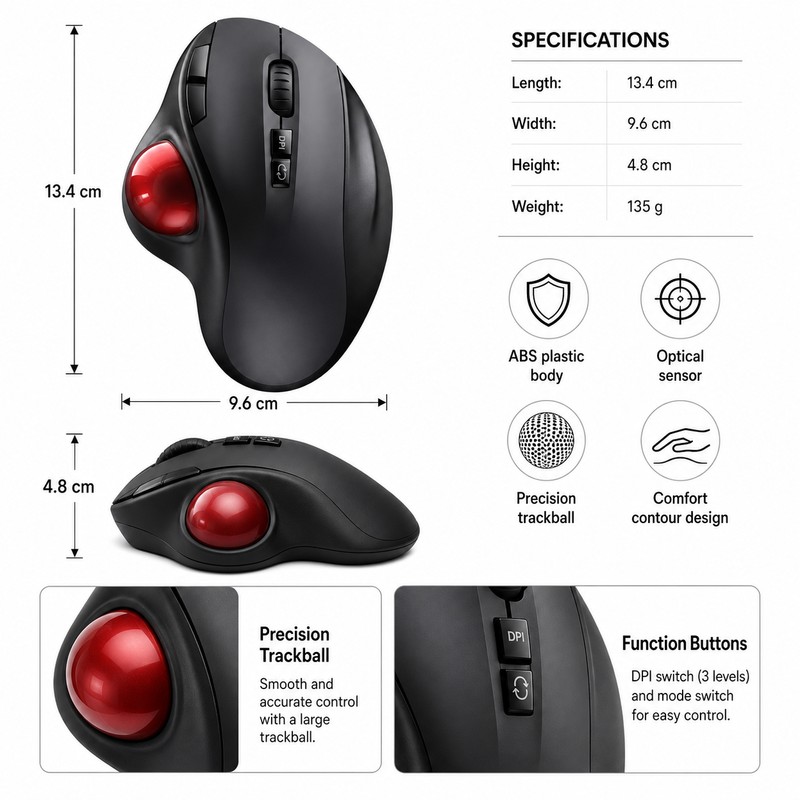 Wireless Trackball Mouse with Dual Bluetooth & 2.4GHz – Rechargeable