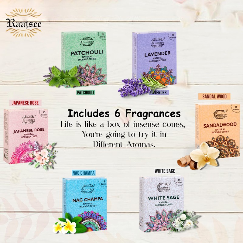 Raajsee Natural Incense Cones,6 Pack Mixed Scents Gift Pack 15