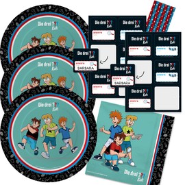 48-Piece Party Set - Three Question Marks ??? Kids - Plates Name Stickers Napkins Straws for 8 Children