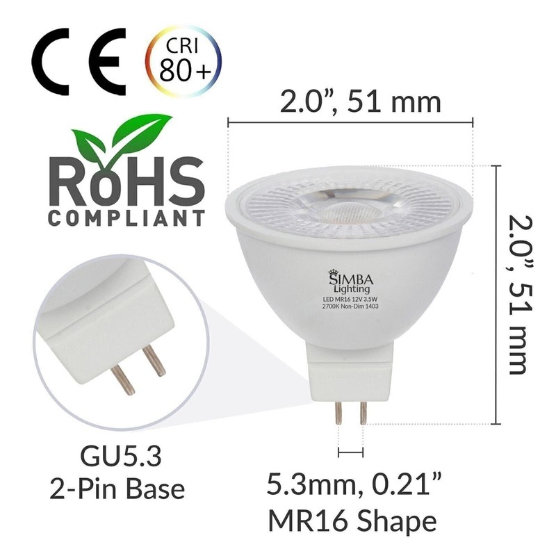 Simba Lighting [6 Pack] LED MR16 3.5W 12V 20W Halogen