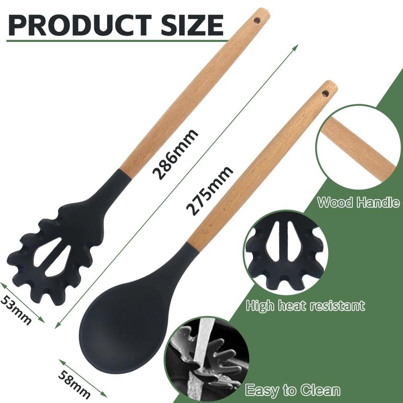 Silicone Pasta Fork and Silicone Cooking Spoon Set, Large Non