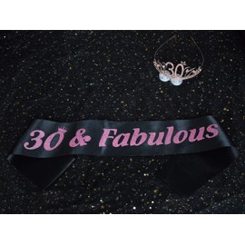 30th Birthday Tiara and Sash Happy 30th Birthday Party Supplies 30 Fabulous Black Glitter Satin Sash and Rose Gold Crystal Tiara Princess Birthday Crown for Women 30th Birthday Party Decorations