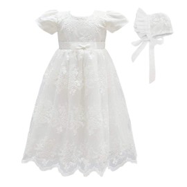 Glamulice Flower Baby Girl Newborn Christening Baptism Dresses Milky White Formal Gown Babies Floral Embroidered Toddler Infant Satin Baptism Outfits 6M/ 6-12 Dress & Hat
