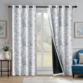 Beauoop Floral 100% Blackout Curtains 72 Inches Long 2 Panels for Bedroom Living Room Grey White Farmhouse Rose Flower Patterned Room Darkening Thermal Grommet Top Window Treatments Drapes, 50X72