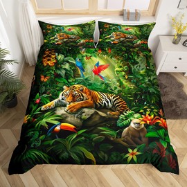 3D Tiger Duvet Cover Set Twin Size,Parrot Monkey Bedding Set 2Pcs,Tropical Palm Leaf and Animals Comforter Cover for Kids Boys Girls Adult Room Decor,Nature Jungle Wildlife Quilt Cover,1 Pillowcase