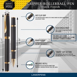 Lanier GRIPPER Rollerball Pen, Matt Black body Executive Design, 0.7mm Med. Point Schmidt 5888 Refill, Quality Chrome, and Gold Accents with Contoured Grip