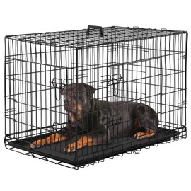 PayLessHere Large Dog Crate Kennel for Medium Large Dogs Metal Dog Cage Double-Door Folding Travel Indoor Outdoor Puppy Playpen with Divider and Handle Plastic Tray (42 Inch, Black)