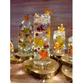 250 Floating Shades of Glowing Fall Leaves-Mums-Pearls-Pebbles-Fills 5 Gallons for Vases-with Measured Transparent Gels Floating Kit-Prep/Storage Bags & 15 Warm White Submersible Fairy Lights Strings