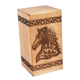 HIND HANDICRAFTS Handcrafted Floral Engraved Wooden Urns for Human Ashes Adult Large - Cremation Urn for Ashes - Burial Urn for Columbarium - Funeral Urn Box (Horse 1, 250 LB - Beechwood)