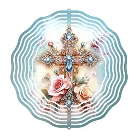 F-CANLAN Cross Flower Wind Spinner, Metal Wind Spinners Outdoor/Indoor, God Cross Hanging Garden Decor for Outside, Stainless Wind Spinners for Yard and Garden 10 inch 3D (25.76X25 CM)